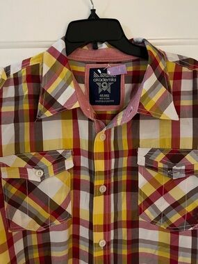 Akademiks Men’s Plaid Button-Down Shirt in Yellow, Red & Brown